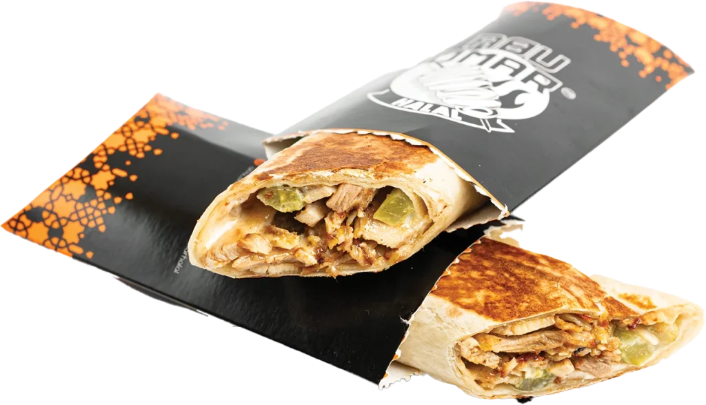 Chicken shawarma wrap with cucumber pickles and Abu Omar Halal signature garlic sauce