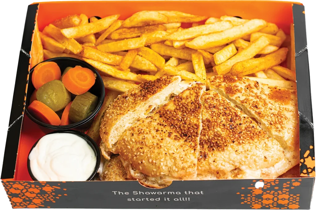 Shawarma and melted cheddar pressed in a sesame seed Italian sub roll, with seasoned fries