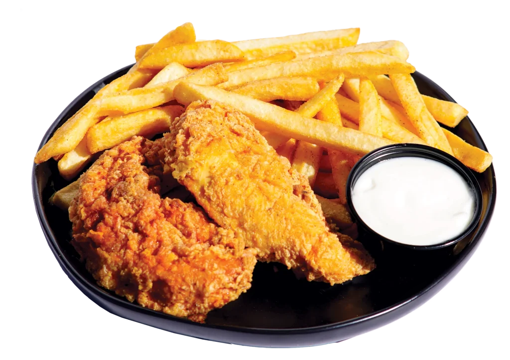 Kid-sized portion of two chicken tenders with seasoned fries and garlic dipping sauce