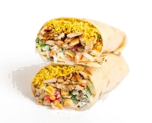 Abu Omar Halal Loaded Burrito cut in half