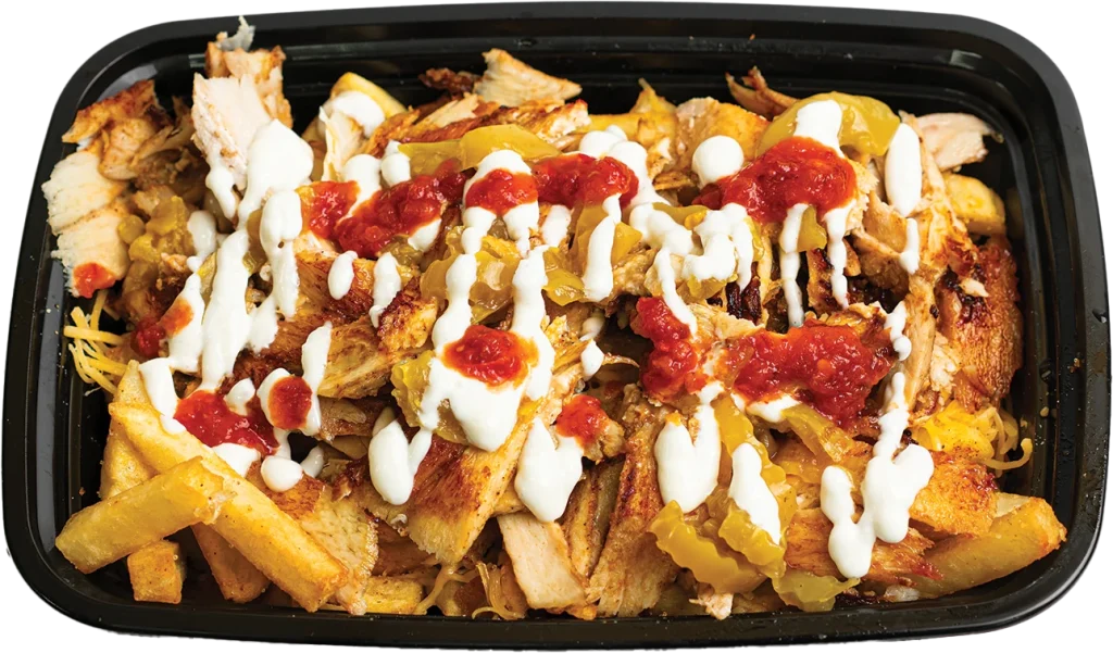 Seasoned fries loaded with shawarma, melted cheddar, jalapenos and garlic sauce