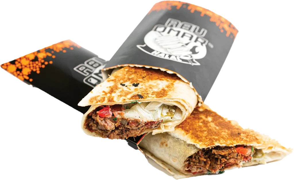 Smoked brisket wrap with pickles, diced onions and tomatoes